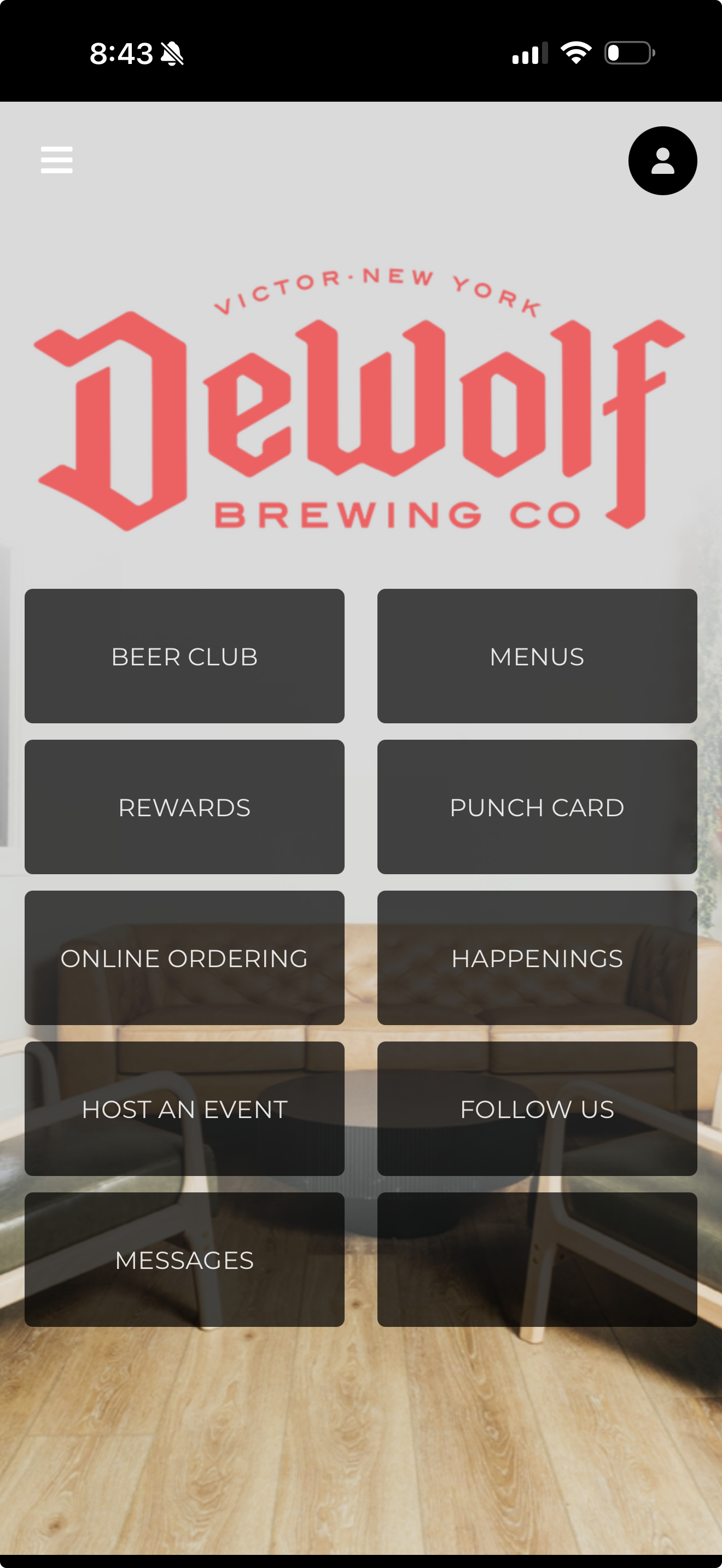 DeWolf app home screen showing Beer Club, Menus, Rewards, Punch Card, Online Ordering, Happenings, Host an Event and Follow Us